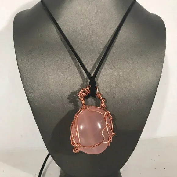Rose Quartz Gemstone Solid Copper Pendant Unisex Genuine Leather Necklace Reiki